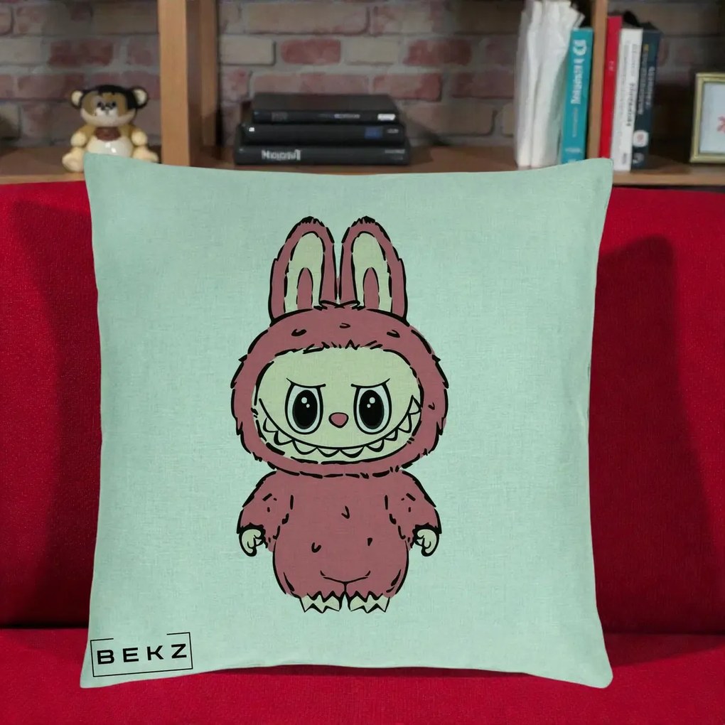 Perna Personalizata Labubu Roz Solo, 40x40 cm, Verde Menta, Husa Detasabila, Perna Inclusa, BEKZ®