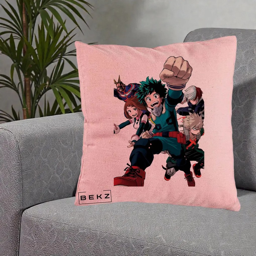 Perna Personalizata My Hero Academia Izuku Deku si Echipa, 40x40 cm, Roz, Husa Detasabila, Perna Inclusa, BEKZ®
