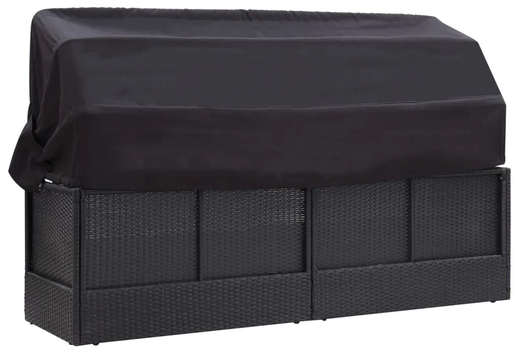 Pat canapea de exterior cu copertina, negru, poliratan 1, Negru