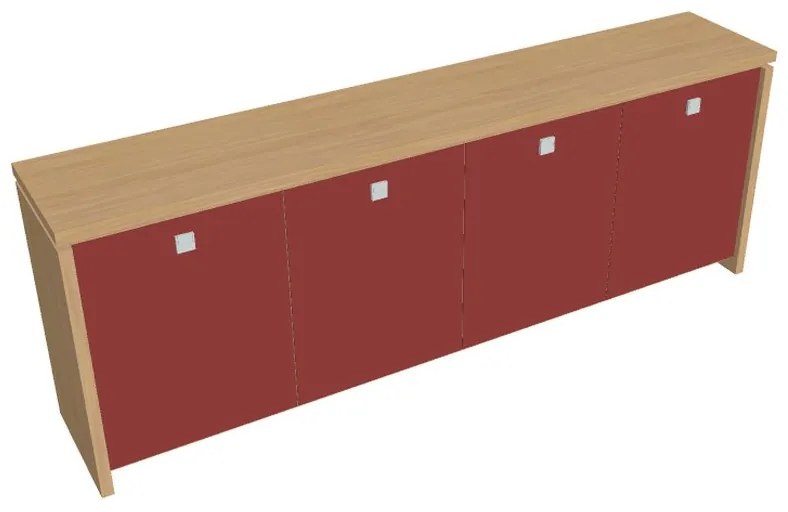 Dulap mic Verno 248 x 46 x 90 cm, uși de sticlă, stejar deschis / roșu