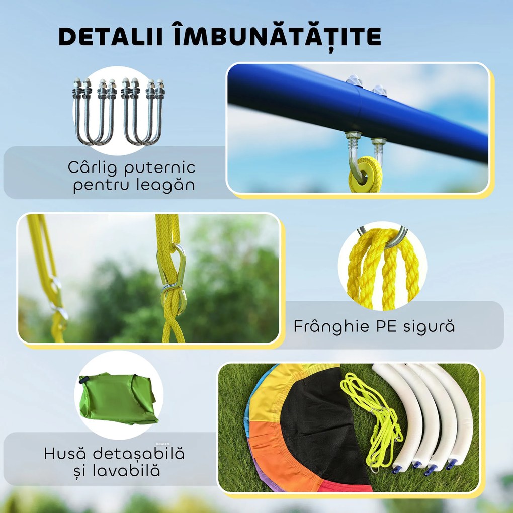 AIYAPLAY Set Leagăne de Grădină 4-în-1 pentru Copii cu Leagăne Duble, Coș de Baschet, Poartă de Fotbal, Cadru Metalic în Formă de A, Capacitate 150 kg, pentru Exterior, 3-8 Ani, 288x160x220 cm | Aosom Romania