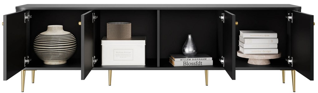 Comodă TV Vesper 4D 187 cm - negru / picioare aurii