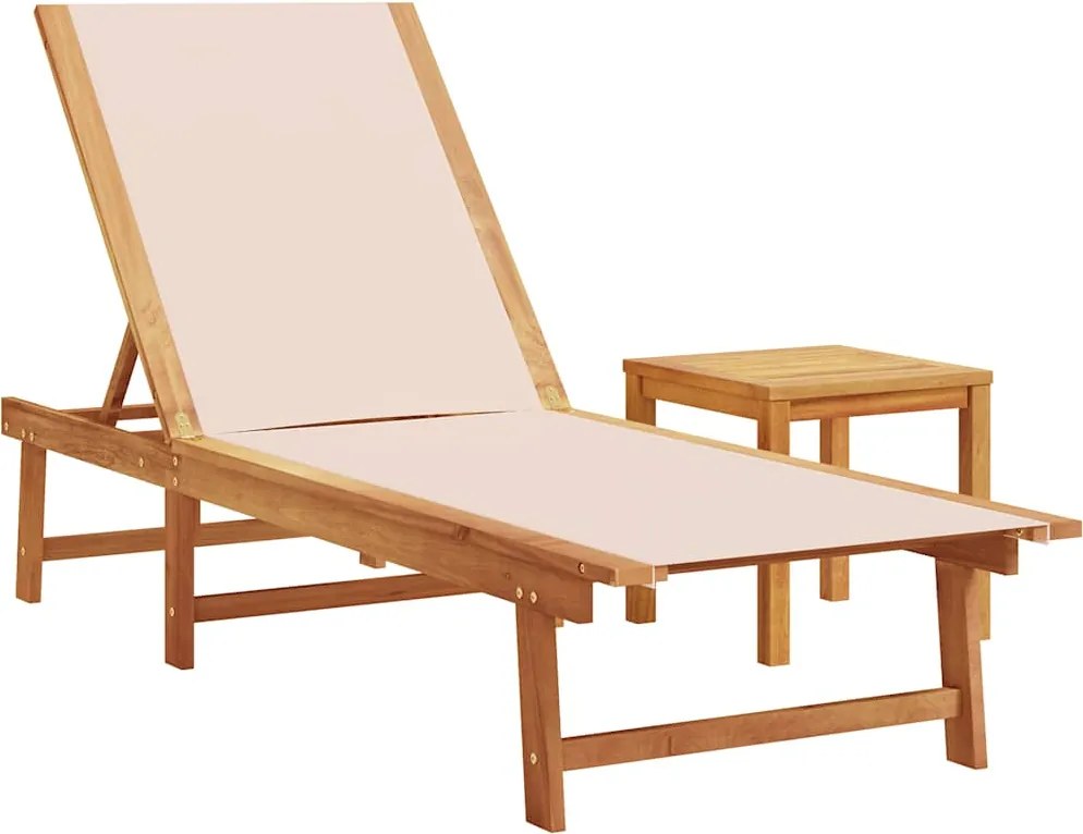 vidaXL Șezlong, crem, cu masă, lemn masiv acacia și textilenă