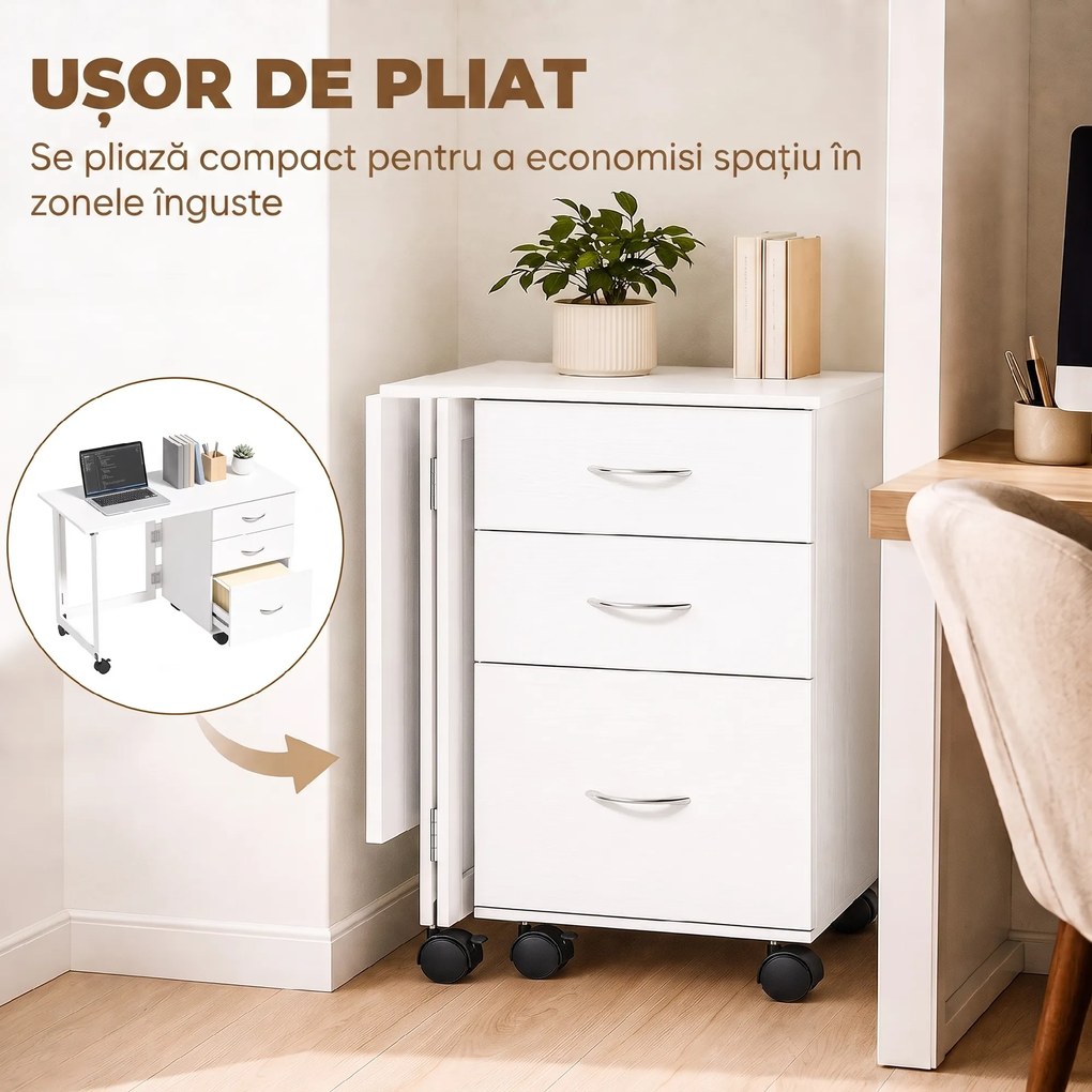 HOMCOM Birou Calculator Pliabil Con 3 Sertare, Alb Effetto Lemn | Aosom Romania