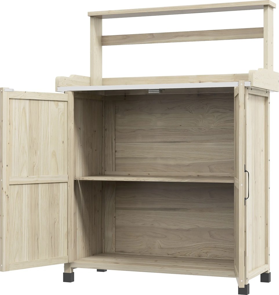 Outsunny Masă de transplant masă de grădinărit dulap și rafturi și blat tălpi antiderapante 90,5x41x124,5cm lemn natural | Aosom Romania