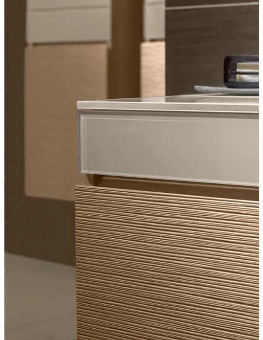 Dulap baza suspendat cu blat sticla, Memento Villeroy&Boch, lavoar stanga, 80.6x46x37cm, stejar deschis/bej, C779L0FC