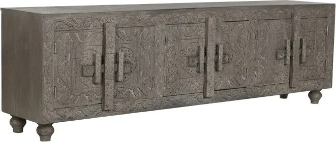 Comodă TV sculptată lungă din lemn masiv, gri, cu 6 uși, 3 rafturi și zăvoare din lemn, finisaj patinat, 61 x 200 x 40 cm, „Arvane”