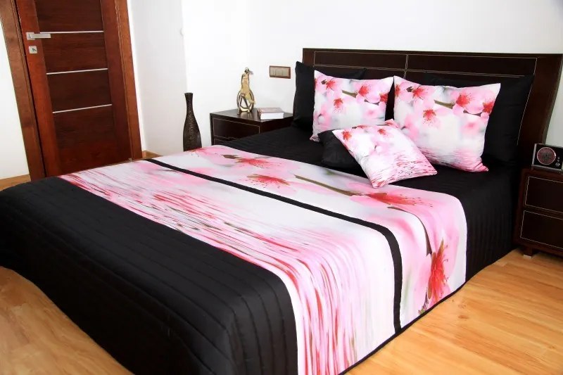 Cuvertură de pat 3D roz-negru cu flori Lăţime: 220 cm | Lungime: 240 cm