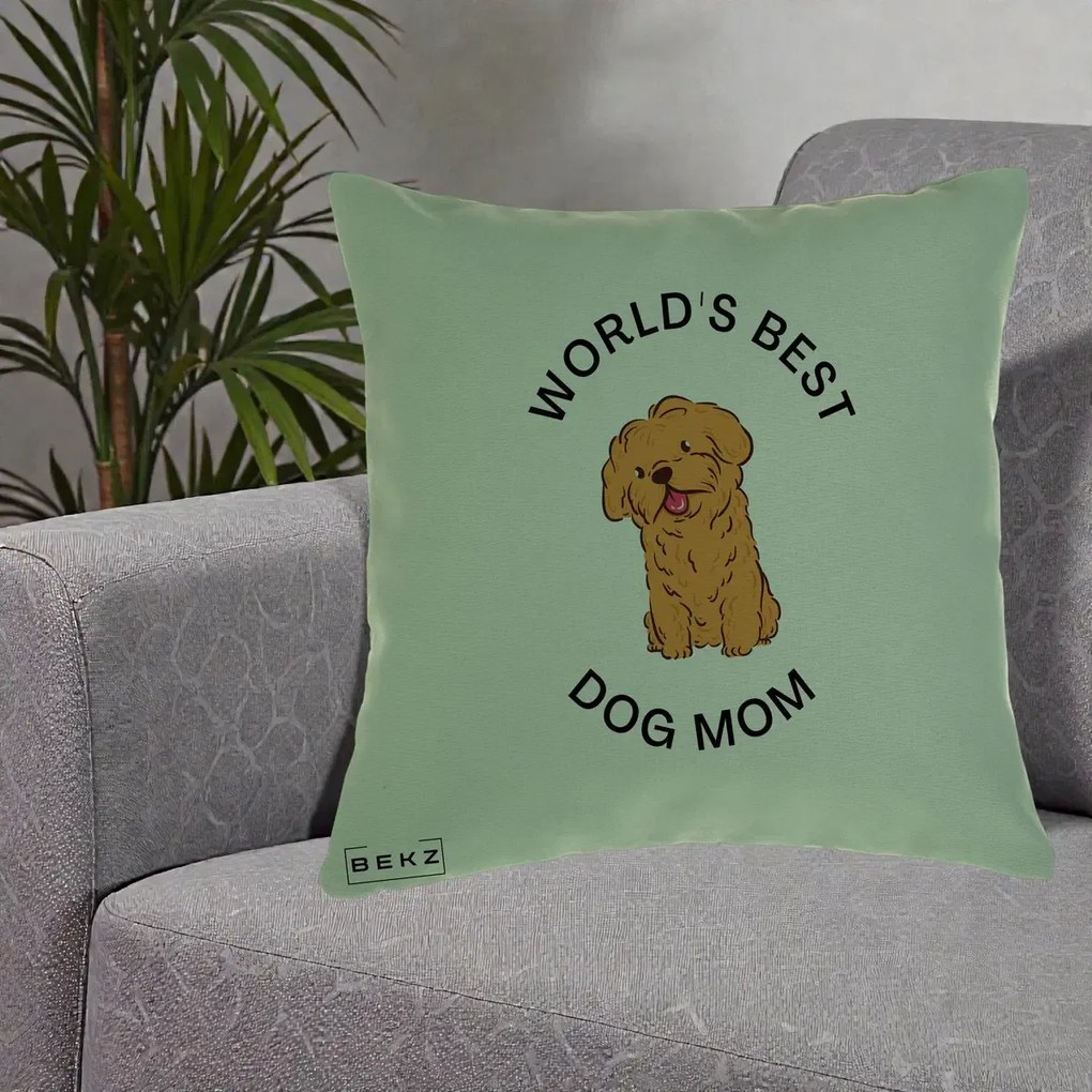 Cadou pentru Iubitorii de Caini - Perna Personalizata World's Best Dog Mom, 40x40 cm, Verde, Husa Detasabila, Perna Inclusa, BEKZ®