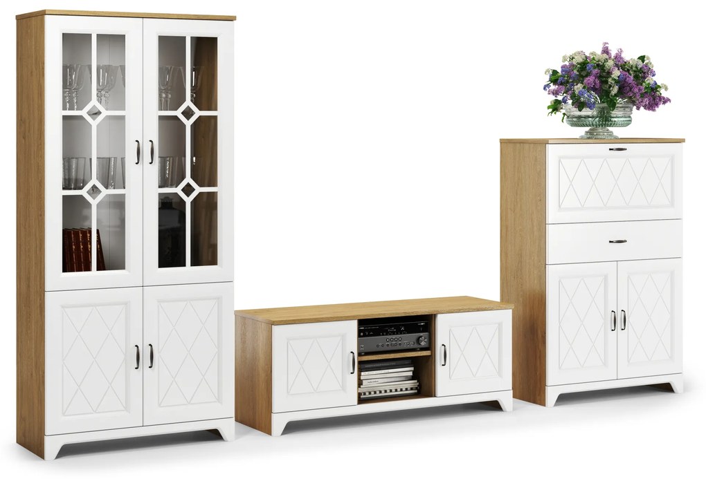 Mazzoni Mobilier dulap de perete PROVENZA Stejar Piatră/Alb Mat - COMODĂ TV VITRINĂ COMODĂ/BAR PENTRU LIVING RETRO
