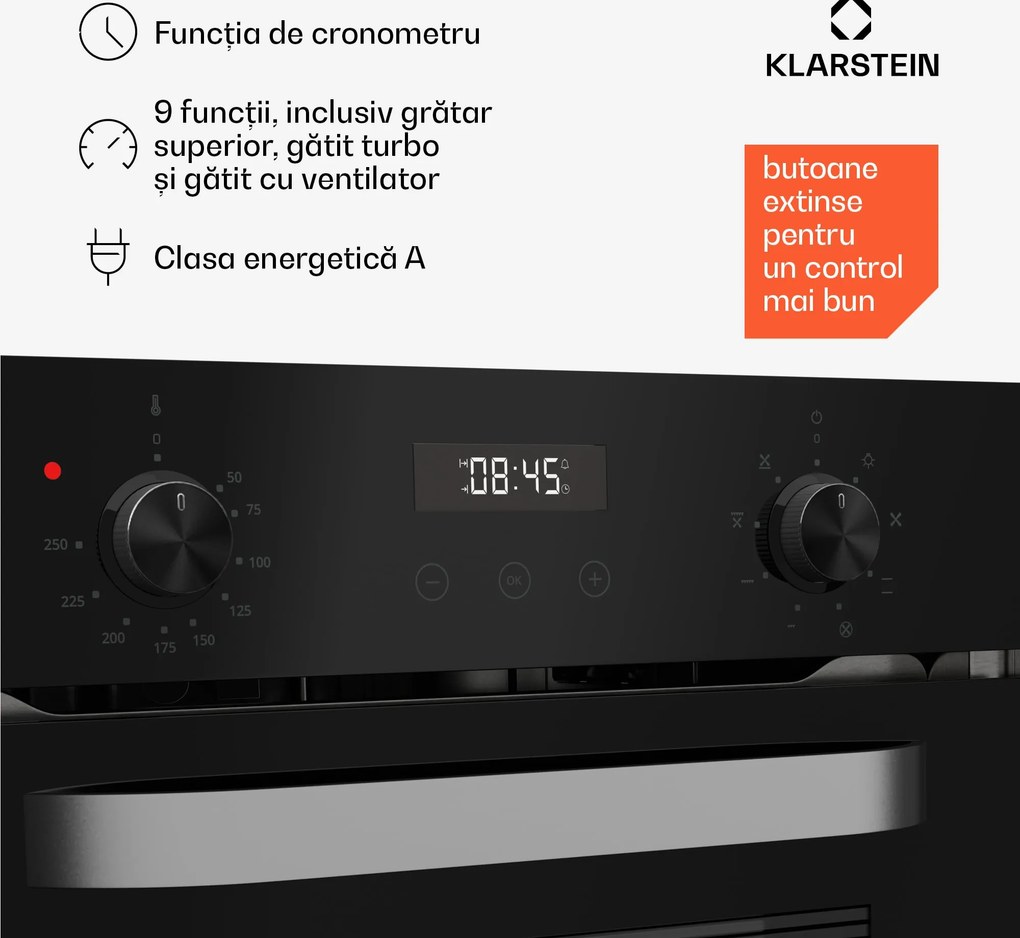 Klarstein Cuptor SmartSlim, Design subțire, 9 funcții, volum 49 l, curățare ușoară, EEK A