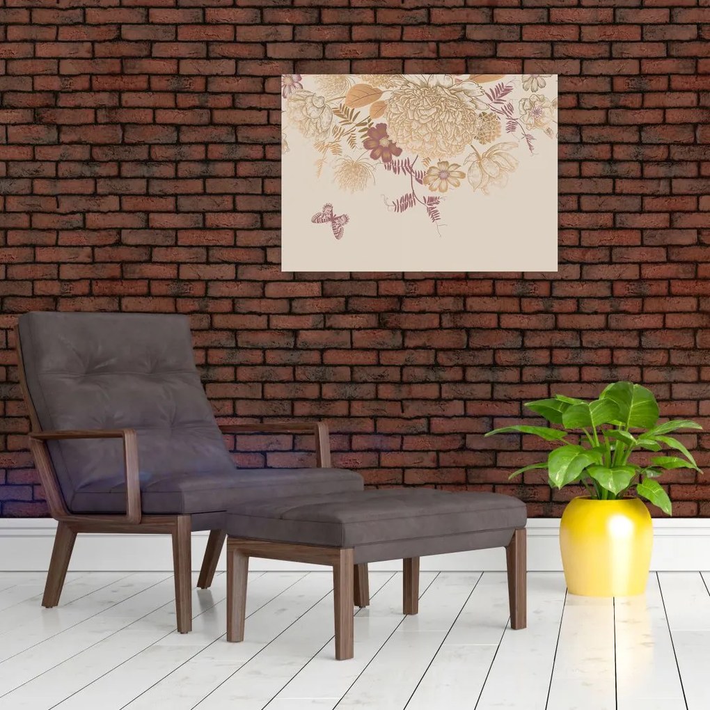 Tablou - Vintage, flori și fluturi (70x50 cm)