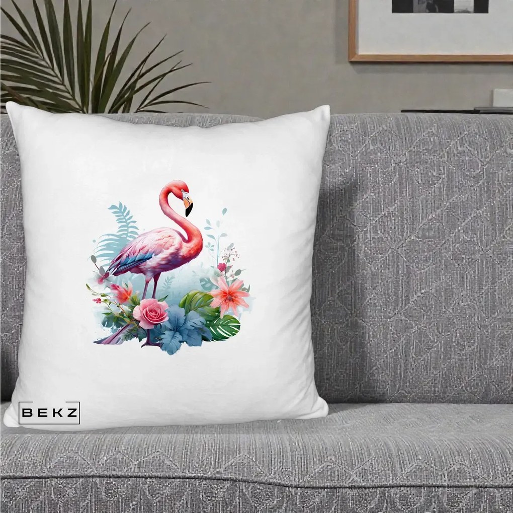 Perna Decorativa Flamingo cu Flori Tropicale Acuarela, 40x40 cm, Alb Pufos, Husa Detasabila, Perna Inclusa, BEKZ®