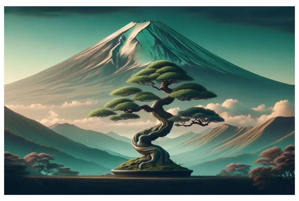 Tablou bonsai și munte în stil japonez