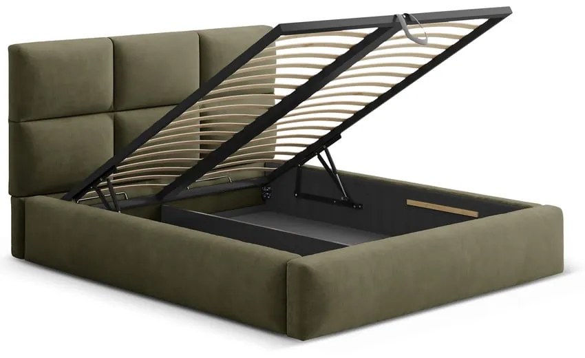 Pat matrimonial verde tapițat cu spațiu de depozitare cu somieră 140x200 cm Libera – Windsor & Co Sofas