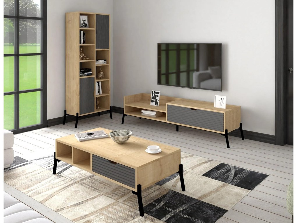 Set mobilier living Tretsilla (Stejar zafir + antracit + negru). 1107150