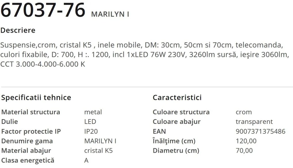 Lustra LED cu telecomanda, cristale K5 Marilyn I 67037-76 GL