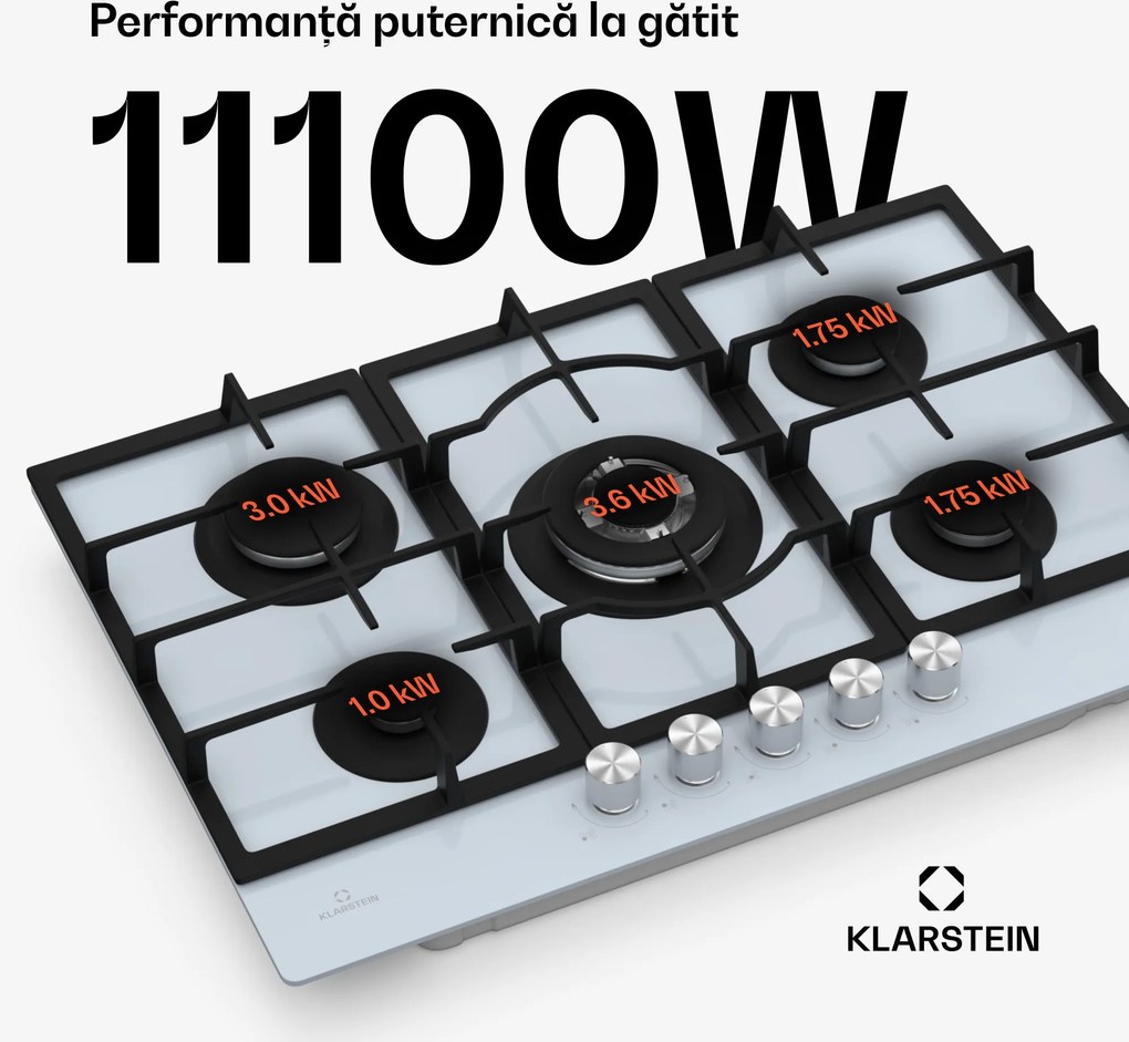 Klarstein Ignito Plită cu gaz cu 5 zone, 5 arzătoare, electrică aprindere, Wok, pentru gaz lichefiat sau natural