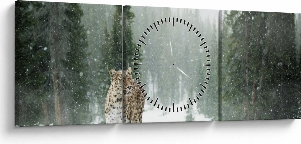 Tablou cu leopard în zăpadă (cu ceas) (90x30 cm)