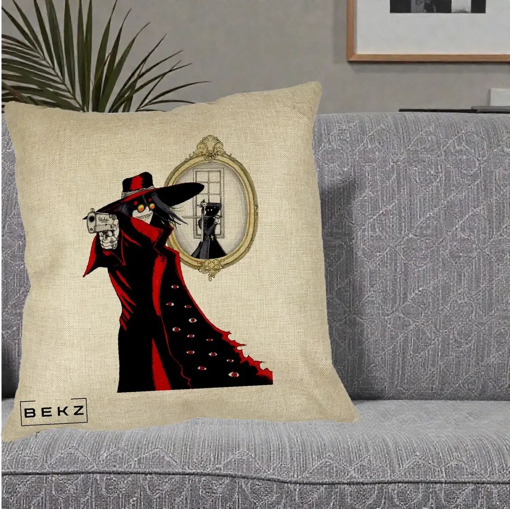 Perna Personalizata Hellsing Alucard cu Pistoale, 40x40 cm, Crem, Husa Detasabila, Perna Inclusa, BEKZ®