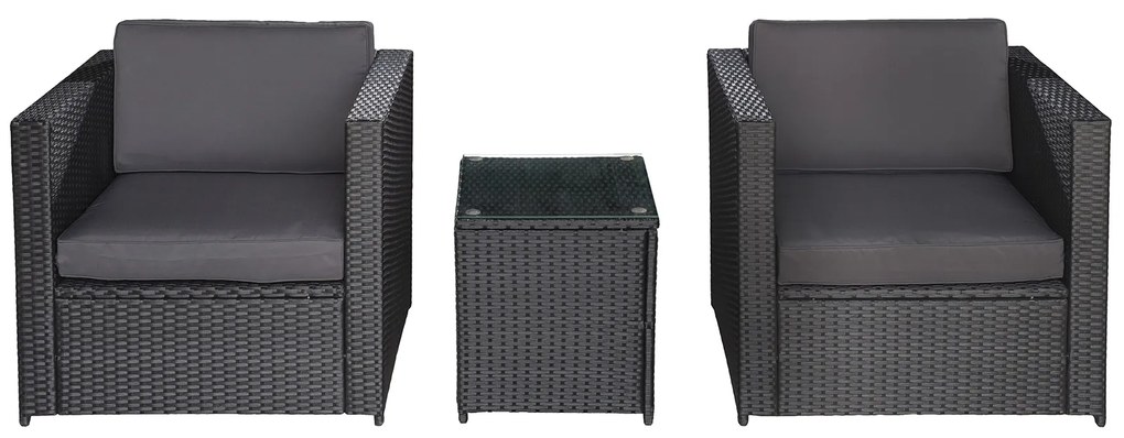 Outsunny Set Mobilier de Gradina din Ratan PE de 3 Piese cu 2 Fotolii de Exterior, Masuta pentru Cafea cu Sticla si Perne, Negru