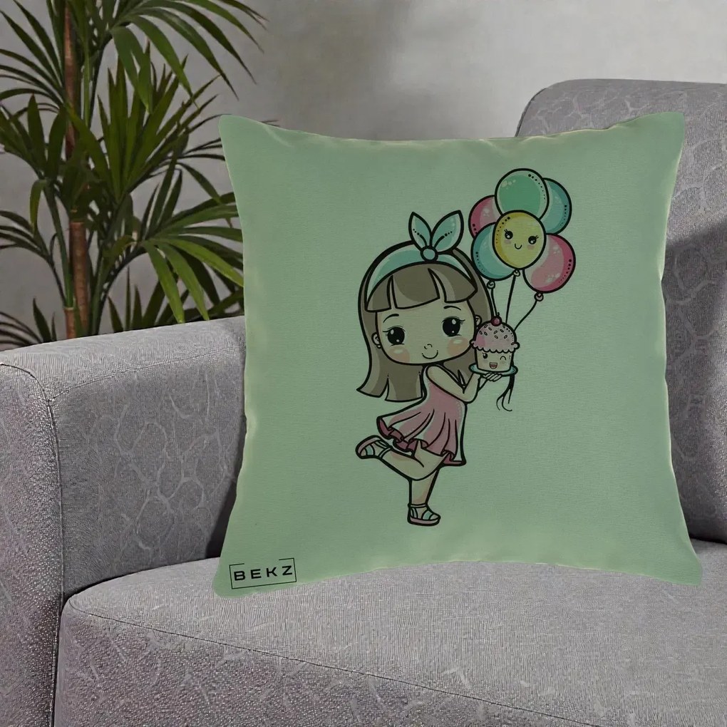 Perna Decorativa Fetita Kawaii cu Baloane si Cupcake, 40x40 cm, Verde, Husa Detasabila, Perna Inclusa, BEKZ®