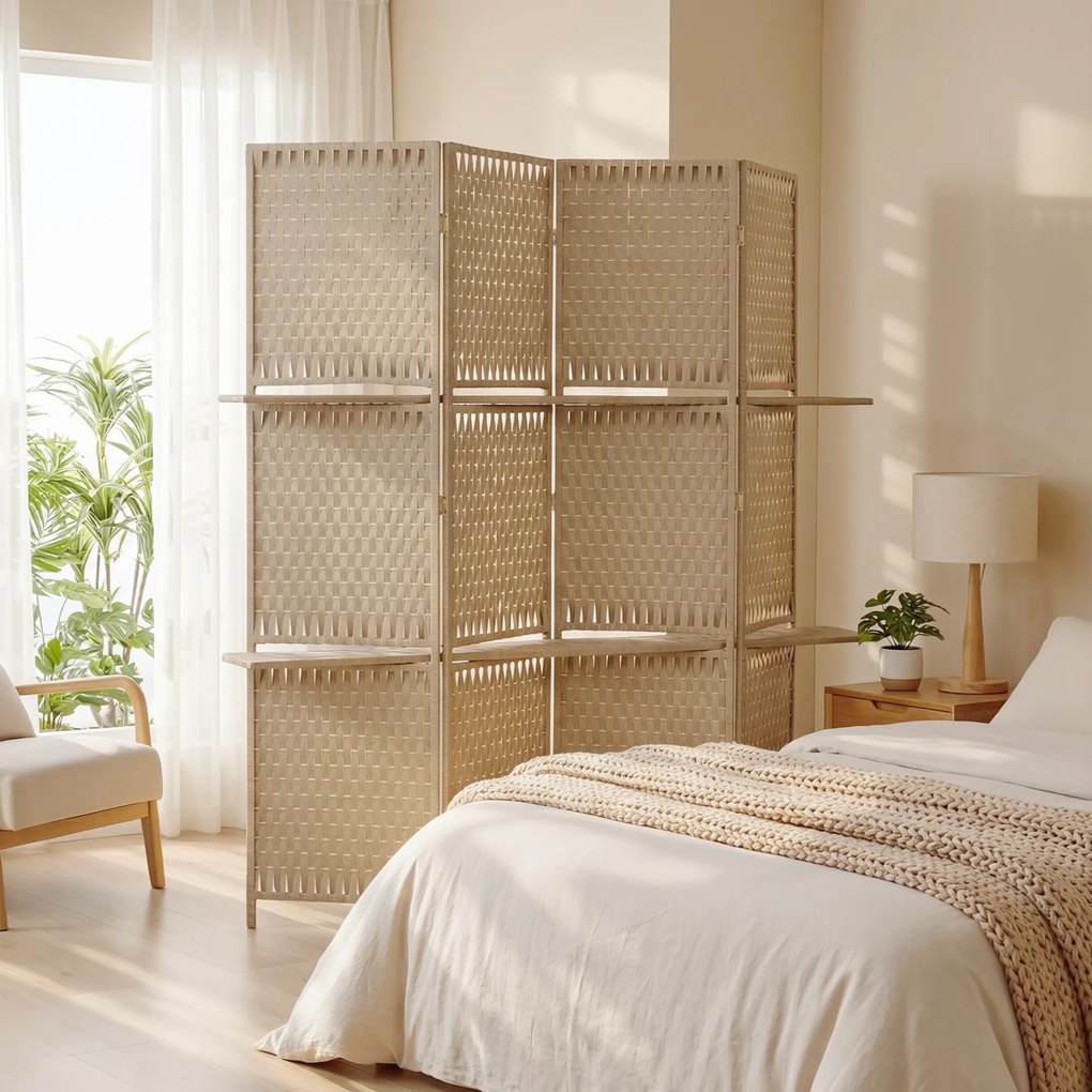 HOMCOM Separator de camere 4 panouri 2 rafturi pliabile natural pai | Aosom Romania