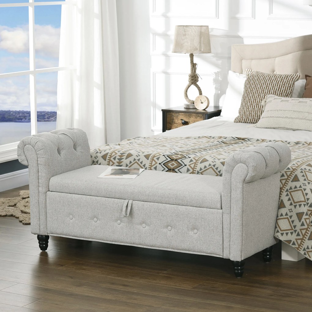 HOMCOM Banca cu depozitare, canapea cu două funcții în material textil aspect lin cu picioare de lemn 146,5 x 49 x 72 cm gri | Aosom Romania