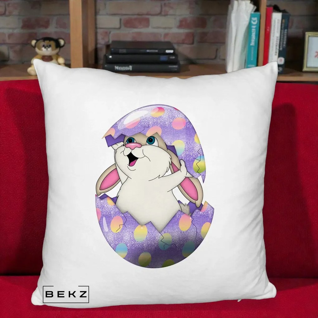 Perna Decorativa Iepuras din Ou de Pasti, 40x40 cm, Alb Pufos, Husa Detasabila, Perna Inclusa, BEKZ®