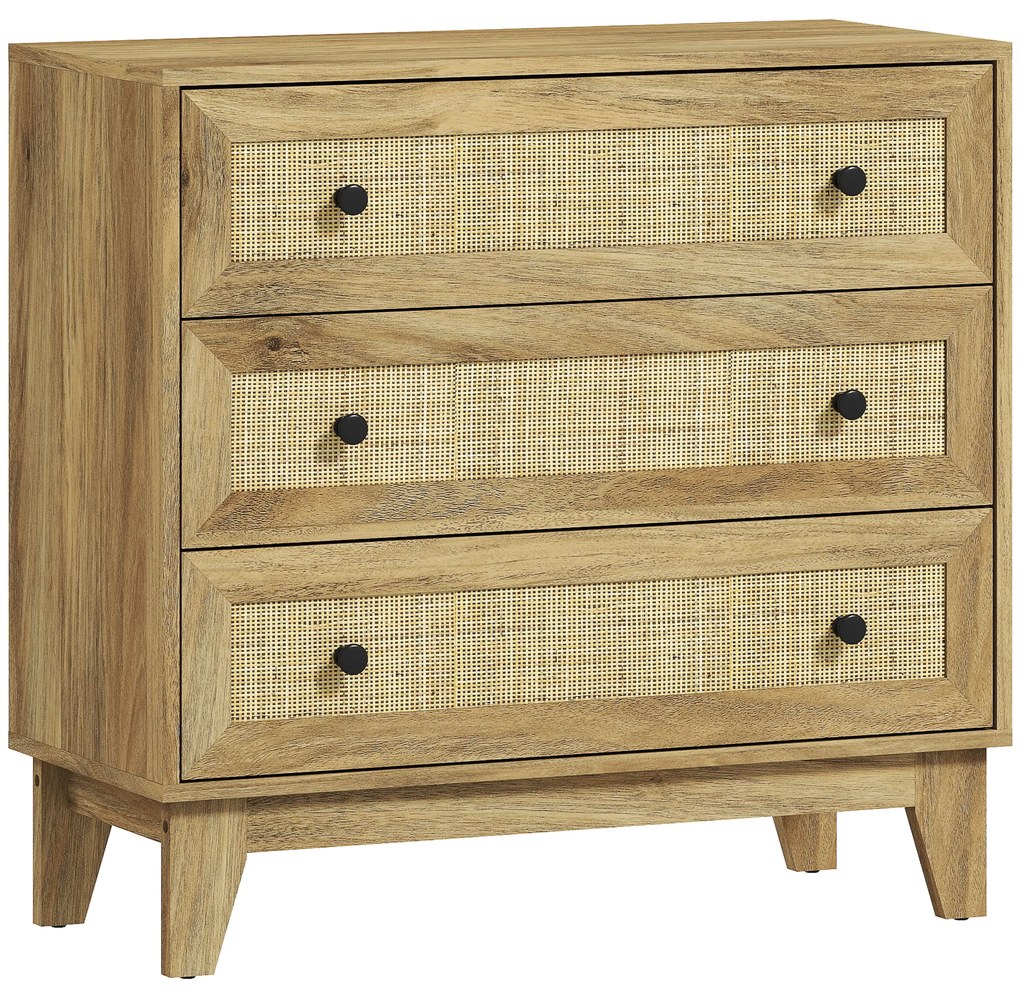 HOMCOM Comoda cu 3 Sertare Comoda de Lemn cu Frontale din Ratan Stil Cannage pentru Dormitor 80x35x76 cm Natural | Aosom Romania