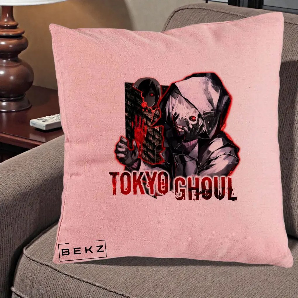 Perna Personalizata Tokyo Ghoul Ken Kaneki Anime, 40x40 cm, Roz, Husa Detasabila, Perna Inclusa, BEKZ®