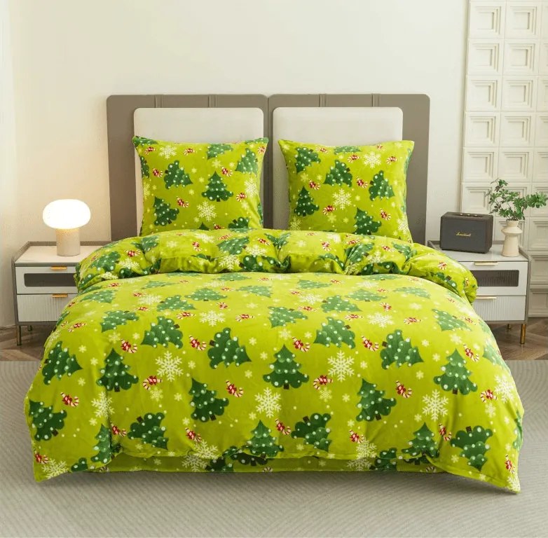 Set 2 buc Lenjerie cocolino CHRISTMAS TREE verde + cearsaf Cocolino microplus cu elastic SOFT 180x200 cm alb, pat dublu