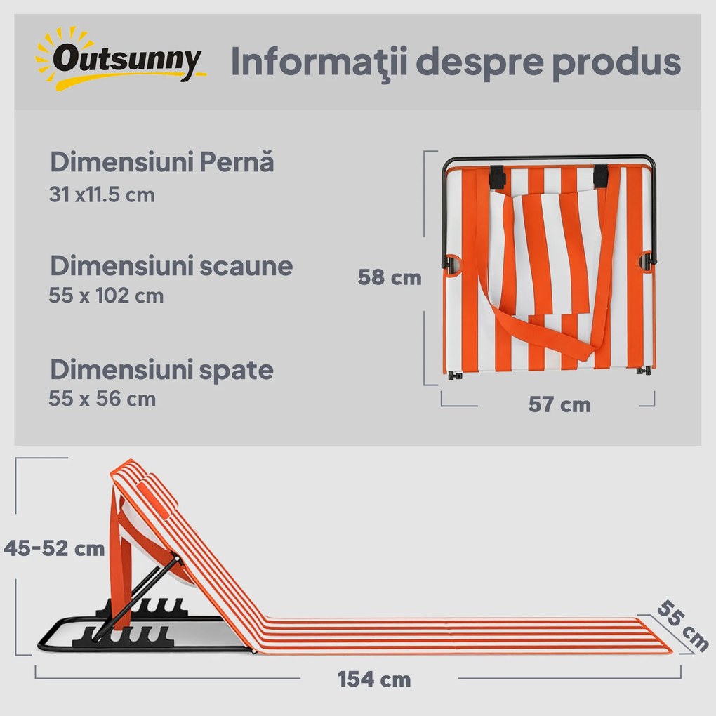 Outsunny Set 2 Șezlonguri Pliabile Portabile pentru Plajă, Spătar Reglabil, Portocaliu. | Aosom Romania