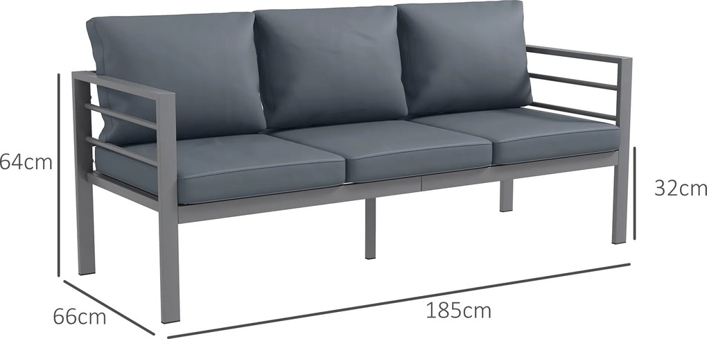 Outsunny Canapea de Grădină cu 3 Locuri cu Perne pentru Scaun și Spate, Canapea Modernă din Aluminiu și Poliester, 185x66x64 cm, Gri | Aosom Romania
