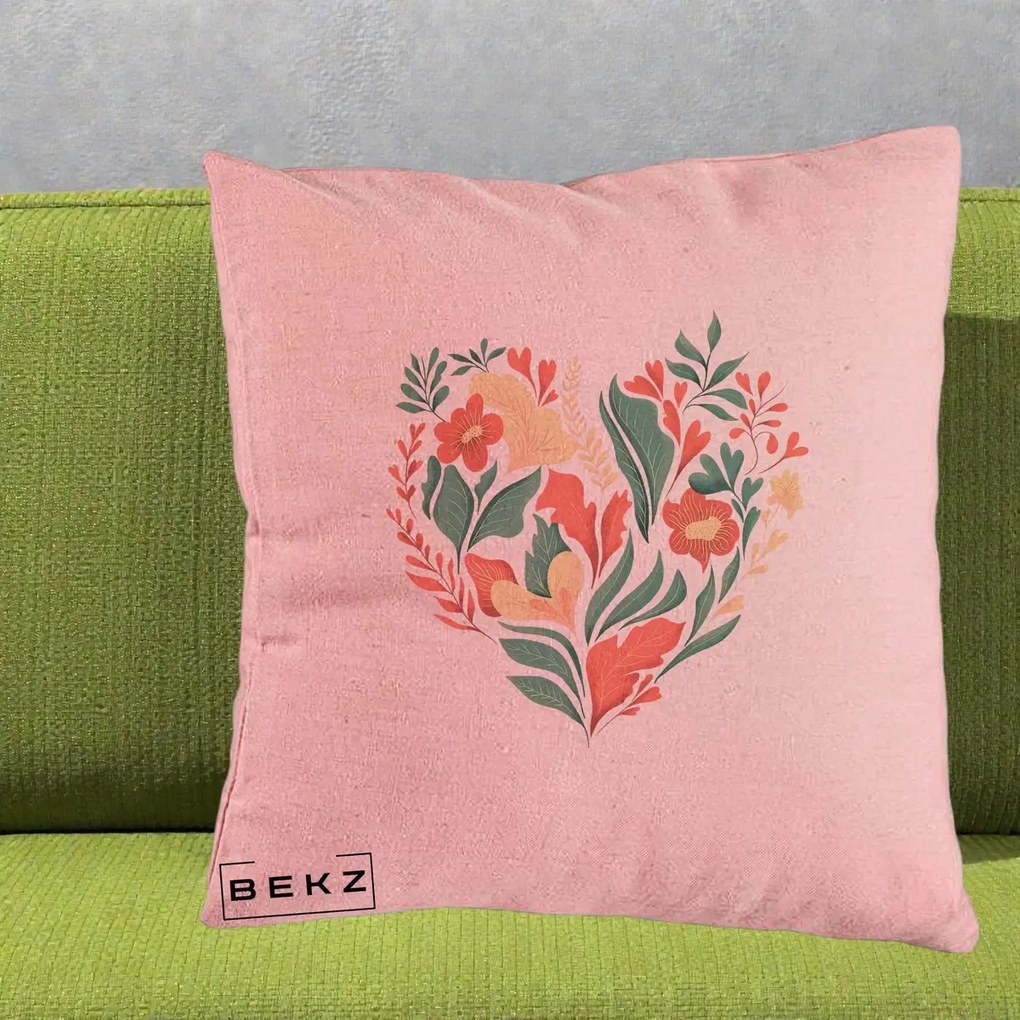 Perna Decorativa Inima Florala Botanica, 40x40 cm, Roz, Husa Detasabila, Perna Inclusa, BEKZ®