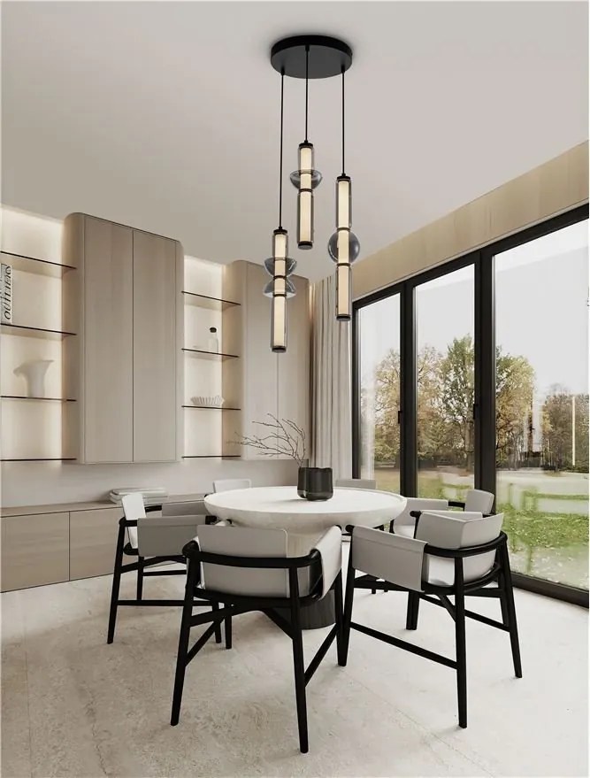 Lustra moderna cu 3 pendule LED, Metal, Negru, Sticla, Fumurie, Ulon