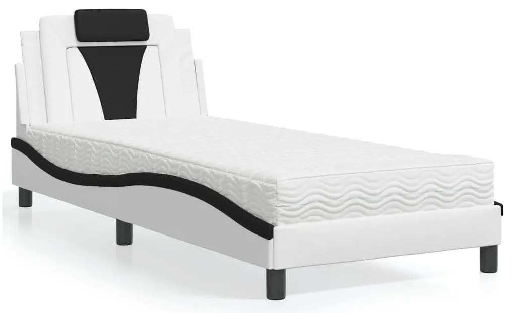 vidaXL Pat cu saltea, alb și negru, 90x200 cm, piele ecologică