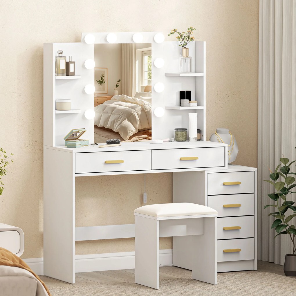 HOMCOM Masă de machiaj cu oglindă iluminată și taburet tapițat, set de machiaj cu 6 sertare și rafturi, Alb | Aosom Romania