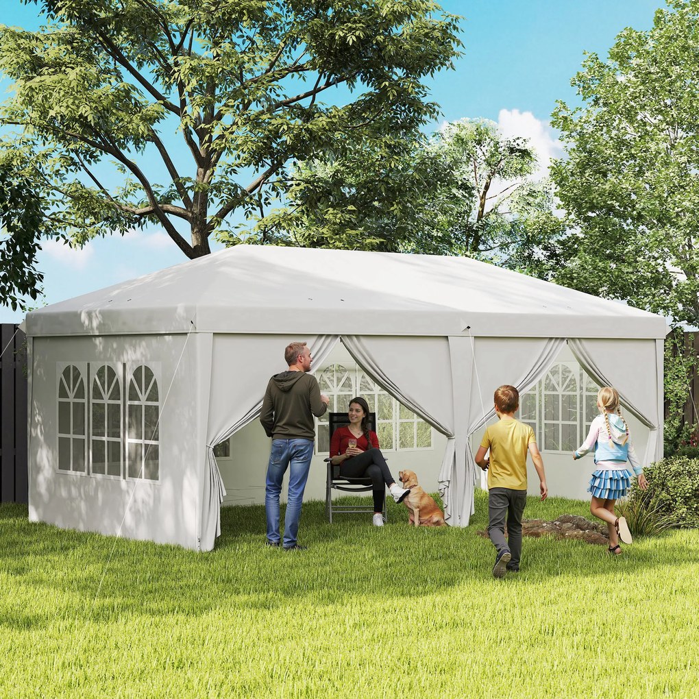 Outsunny Cort 6x3 m pliabil din otel si material Oxford, cort pentru gradina cu 6 pereti laterali, franghii si carlige, alb