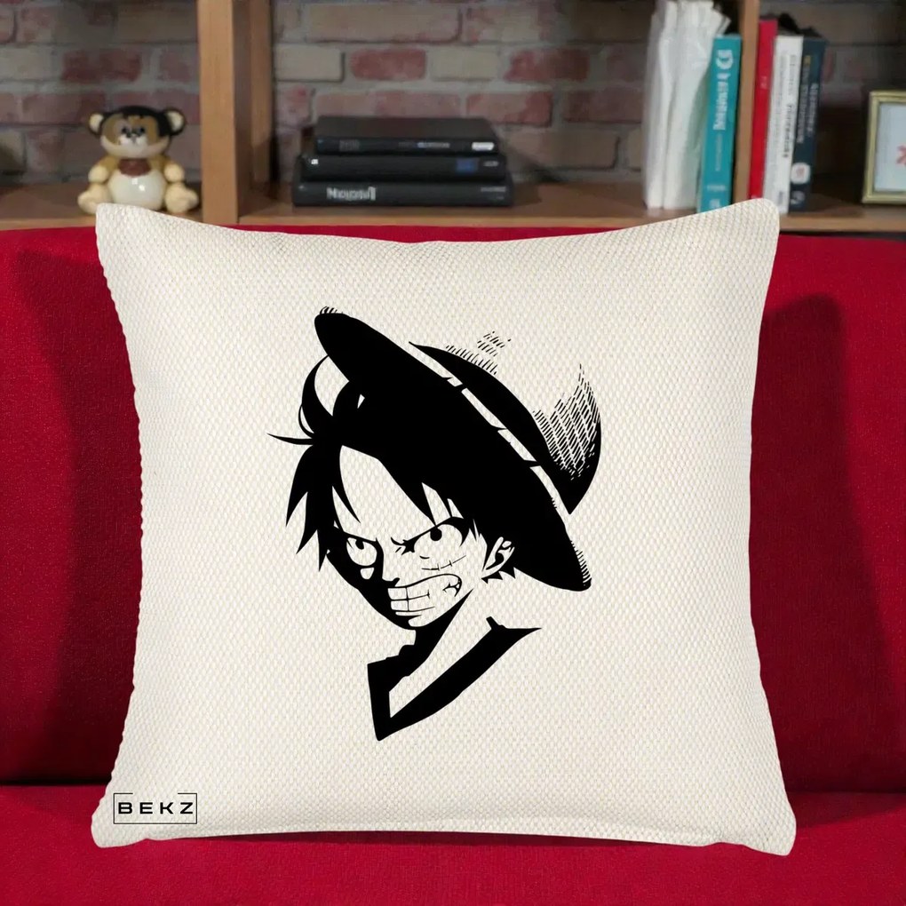 Perna Personalizata One Piece Luffy Silueta Alb-Negru, 40x40 cm, Crem Reliefat, Husa Detasabila, Perna Inclusa, BEKZ®
