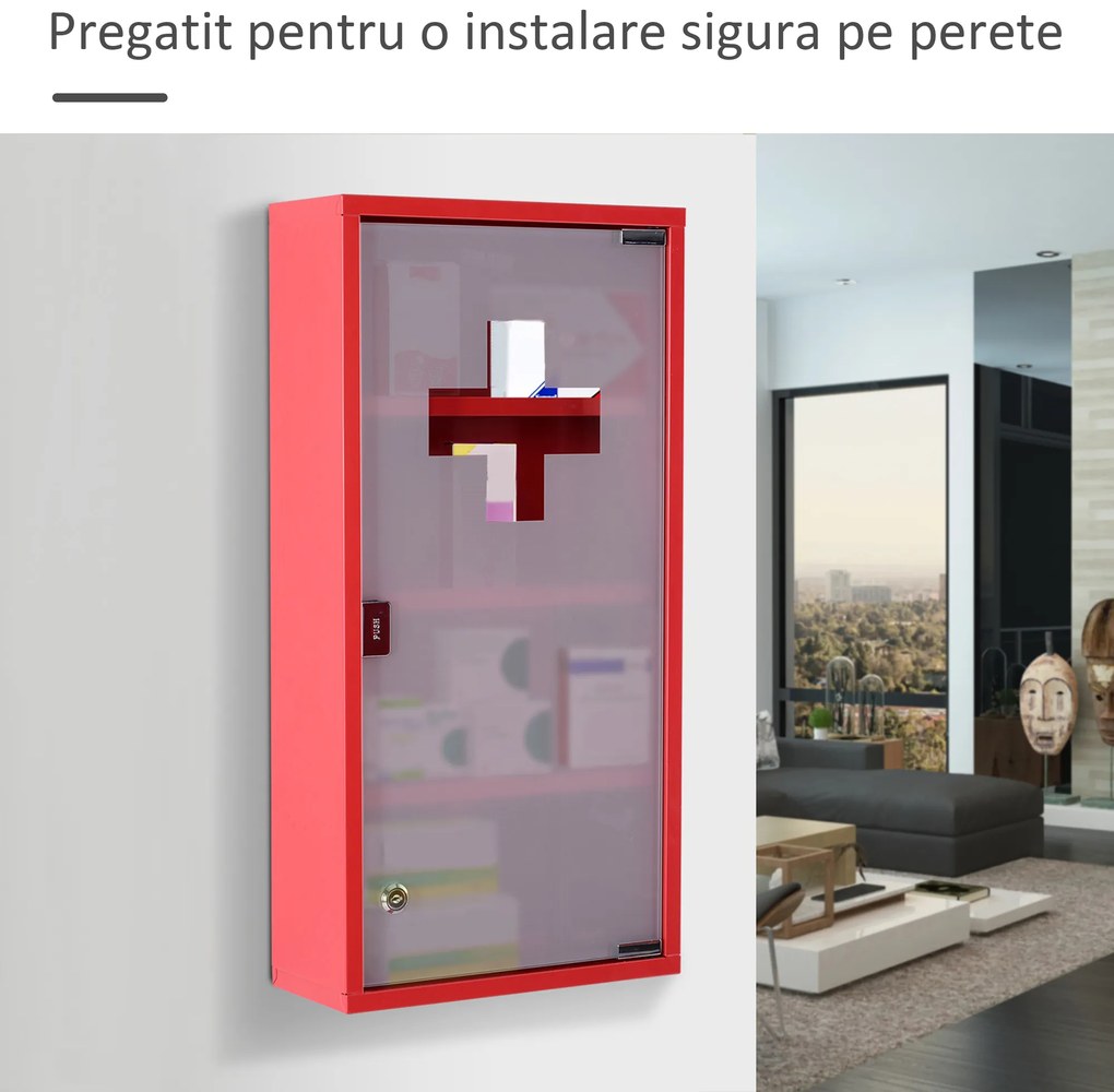 HOMCOM Dulap Prim Ajutor Montabil Perete, Cutie Medicamente, 60x30x12 cm, Roșu | Aosom Romania