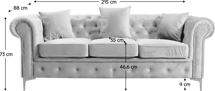 Canapea extensibilă de lux 3 locuri, stofă gri deschis Velvet, ROMANO