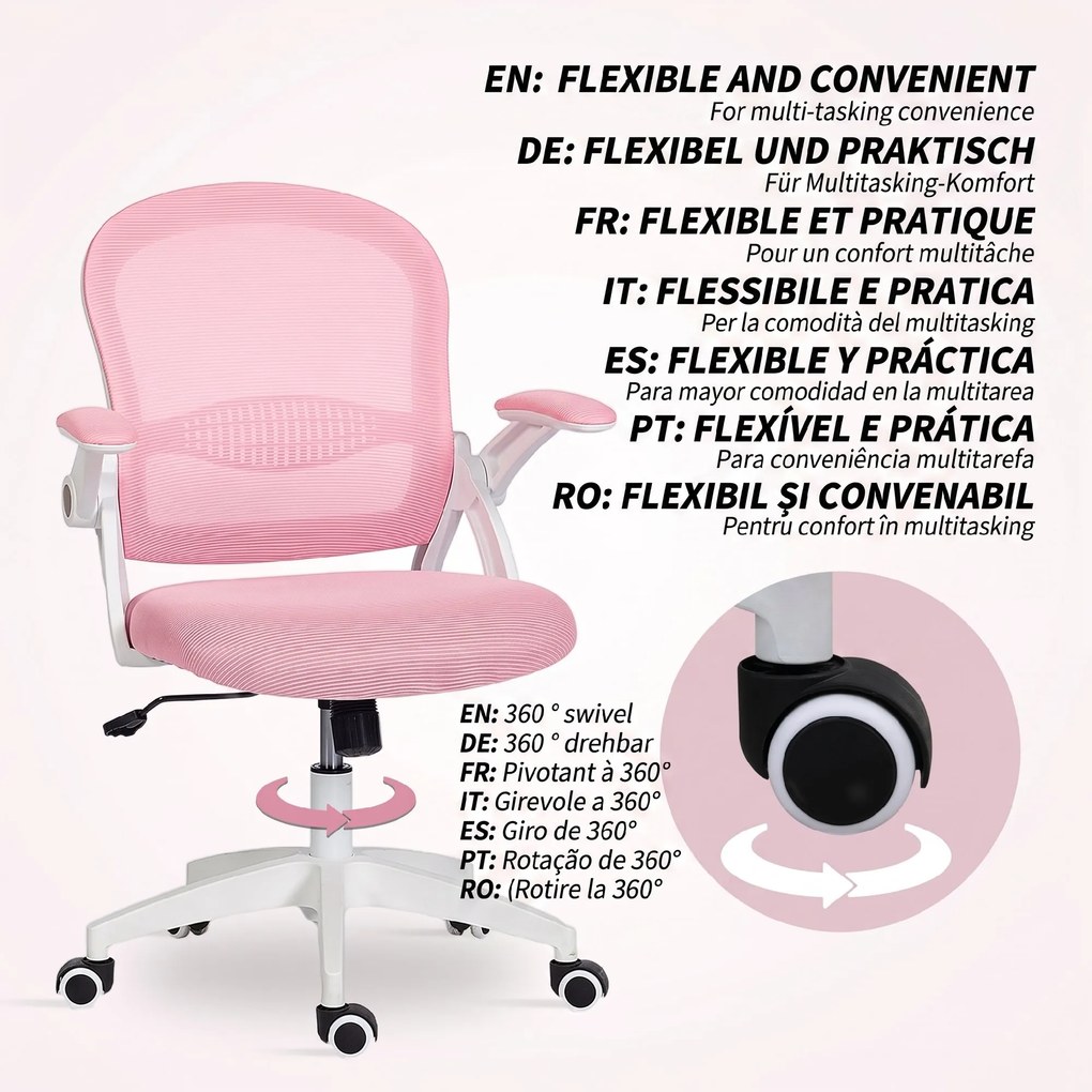 Vinsetto Scaun de Birou Ergonomic, Reglabil, cu Spătar din Plasă și Scaun Captusit, 65.5x61.5x88-97.5 cm, Roz | Aosom Romania