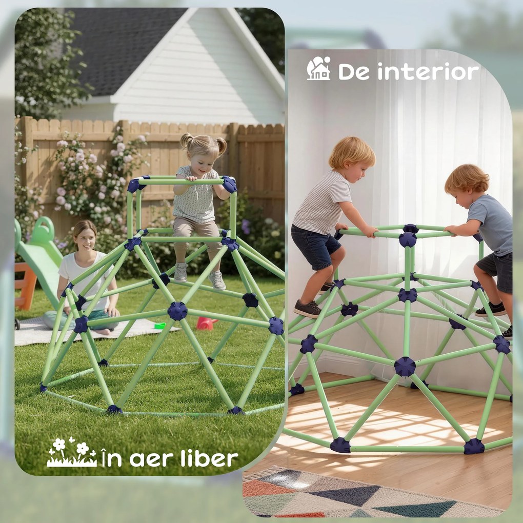 AIYAPLAY Cupolă de Cățărat pentru Copii 3-8 Ani, pentru Interior și Exterior, cu Margini Netede, din Plastic, 182,5x182,5x119 cm, Verde și Violet | Aosom Romania