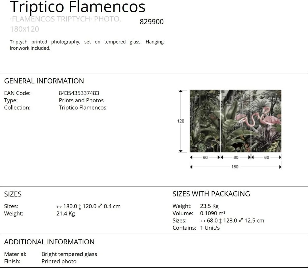 Tablou de perete decorativ Triptico Flamencos, 180x120cm