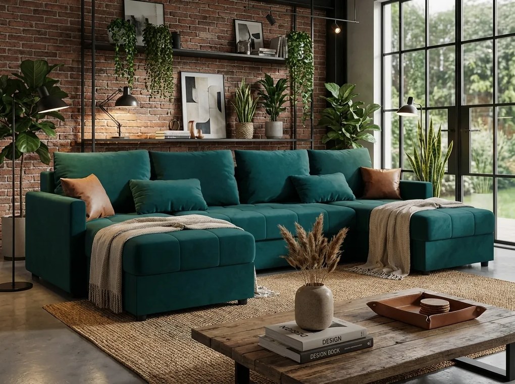 OFERTA Set canapea extensibila in forma de U VENORIA 285x146 cm, petrol + 2 perne GRATUIT II. calitate
