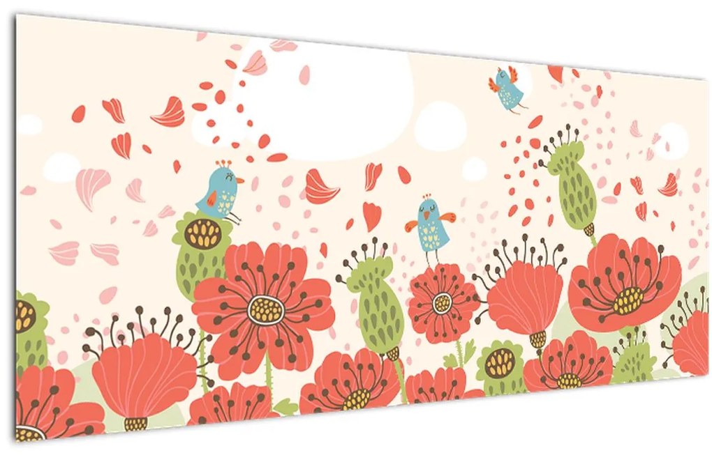Tablou - Păsări pe o pajiște înflorită (120x50 cm)