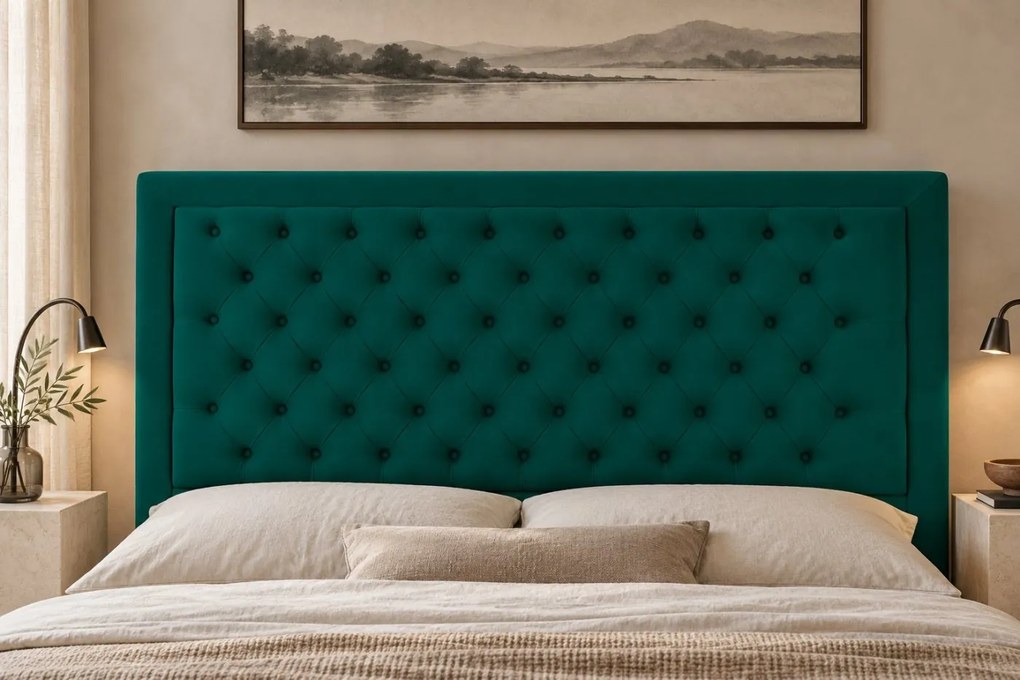 Pat tapițat Chesterfield din catifea Ophelia Deluxe 200×200 cm, verde, cu ladă de depozitare