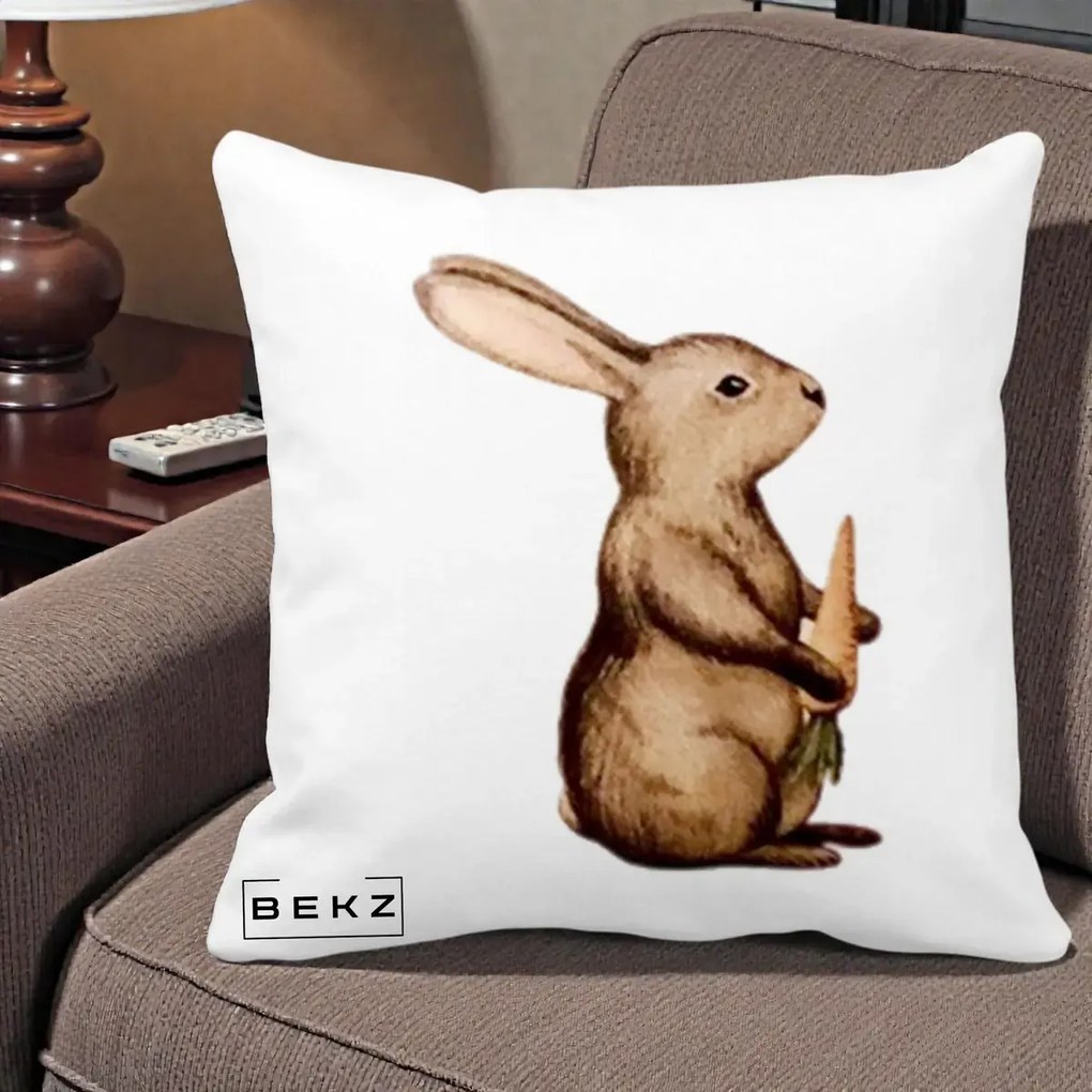 Perna Decorativa Iepuras Acuarela cu Morcov, 40x40 cm, Alba Mata, Husa Detasabila, Perna Inclusa, BEKZ®