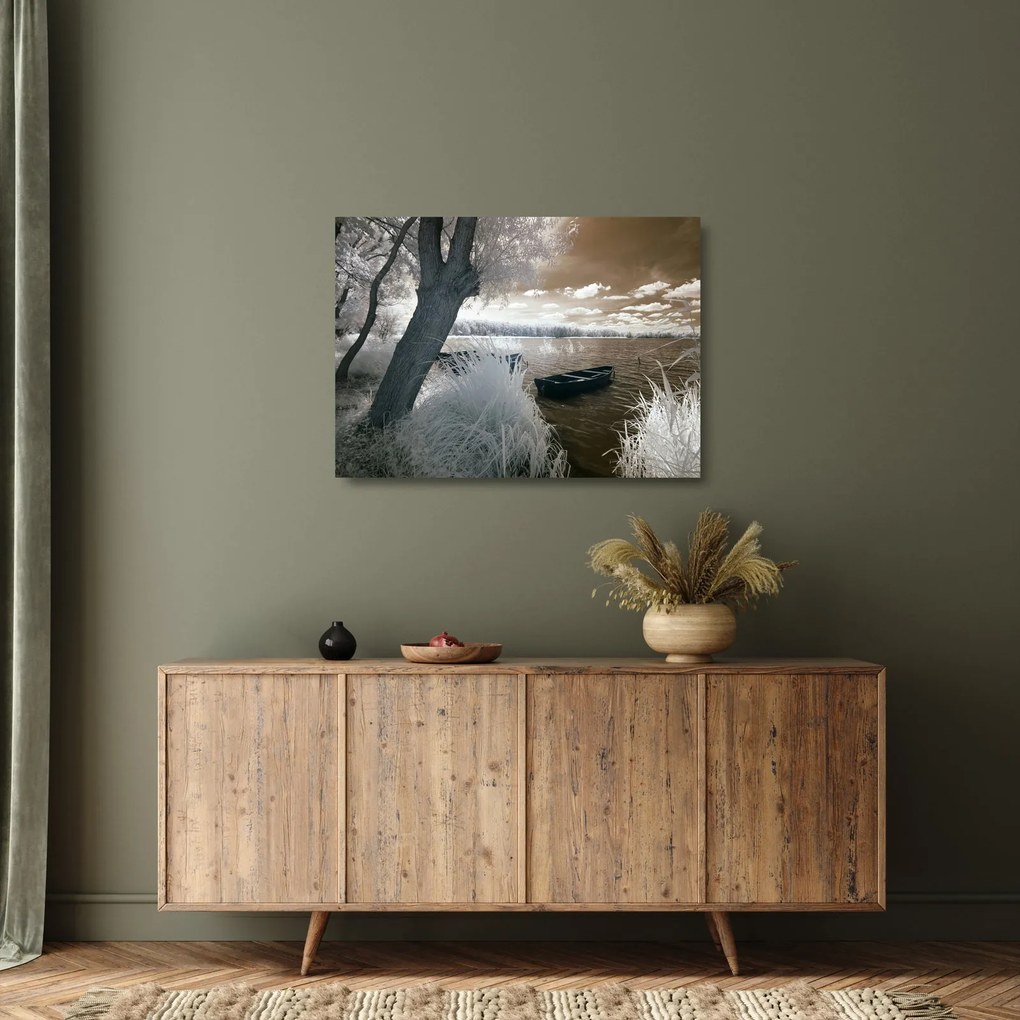 Tablou pe sticlă cu barca pe lac (70x50 cm)